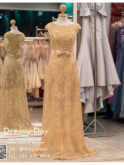 รหัส ชุดราตรียาว : PF005 ชุดราตรียาว เดรสออกงาน ชุดไปงานแต่งงาน ชุดแซก สีทอง สุดหรูประดับโบว์ที่เอว หมาะสำหรับงานแต่งงาน งานกลางคืน กาล่าดินเนอร์