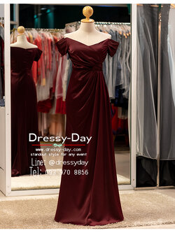 รหัส ชุดราตรียาว : PFL143 ชุดไปงานแต่งงาน มีแขน เปิดไหล่ ชุดราตรีพร้อมส่ง สวย เรียบ หรู ดูแพง พรางสะโพกไม่อ้วน