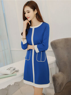 ชุดเดรสแฟชั่นสีน้ำเงิน ใส่ทำงานสวยหวานสไตล์เกาหลี รหัส 1614