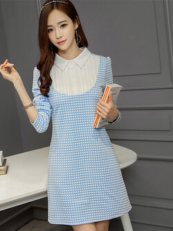 ชุดเดรสแฟชั่นลายตารางฟ้าขาวแต่งคอปกสีขาว สวยหวานน่ารักสไตล์เกาหลี รหัส 1633