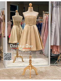 รหัส ชุดราตรีสั้น :PF006 ชุดราตรีสั้น เดรสออกงาน ชุดไปงานแต่งงาน ชุดแซก สีทอง เกาะอก สวยหรูประดับมุก เหมาะสำหรับงานแต่งงาน งานกลางคืน กาล่าดินเนอร์