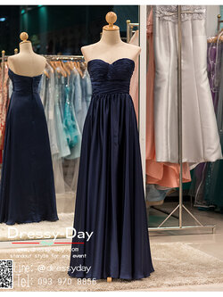 รหัส ชุดราตรี :PF054 ชุดราตรียาวหรูจับจีบรูปหัวใจ เดรสออกงานสีน้าเงินกรมท่า ชุดไปงานแต่งงานผ้าเครป ชุดแซก เกาะอก เหมาะสำหรับงานแต่งงาน งานกลางคืน กาล่าดินเนอร์