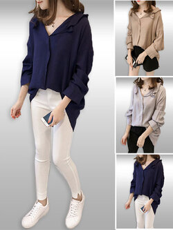 เสื้อเชิ๊ตแฟชั่นคอปกระบายแหวกหลังเก๋ๆมี3สี รหัส2077