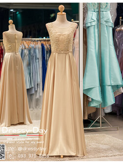 รหัส ชุดราตรีคนอ้วน : PFL030 ชุดราตรียาวสีครีมทอง ชุดไปงานแต่ง แบบแขนกุด ใส่ออกงานไหนก็ปัง