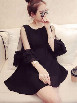 ชุดเดรสแฟชั่นอัดพลีท แต่งแขนผ้าระบายชาย 3 ชั้นสวยน่ารักสไตล์เกาหลี -1588-สีดำ