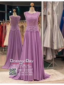 รหัส ชุดราตรี :PF115 ชุดราตรียาวสีม่วงตกแต่งลูกไม้ ชุดเดรสออกงานประดับลูกปัดและเลื่อม ชุดไปงานแต่งงาน ชุดแซกเหมาะสำหรับงานแต่งงาน