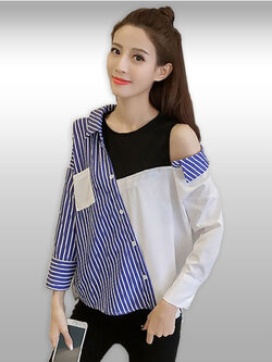 เสื้อเชิ๊ตแฟชั่นแต่งแขนกุดโชว์ไหล่งานสวยเท่ห์สไตล์เกาหลี รหัส 2377