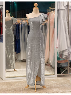 รหัส ชุดราตรียาวคนอ้วน :PK013 ชุดแซก ชุดราตรียาวมีแขน หรู สีน้ำเงิน ไหล่เดียว เรียบหรู เหมาะสำหรับงานแต่งงาน งานกลางคืน กาล่าดินเนอร์