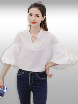 เสื้อแฟชั่นคอวี แขนดีไซน์พองๆ ใส่ห่วงคอเสื้อสุดเก๋ รหัส 1595-สีขาว
