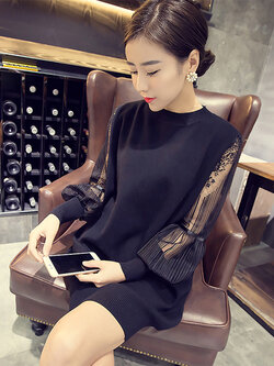 ชุดเดรสแฟชั่นคอกลม แขนยาวผ้าตาข่ายนุ่มน่ารักสไตล์เกาหลี-1523-สีดำ