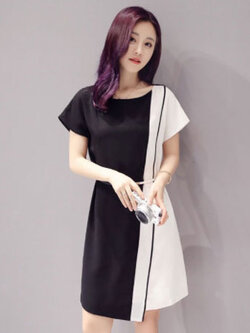 ชุดเดรสแฟชั่นแต่งผ้าสลับสีขาวดำใส่ทำงานหรือออกงานได้สวยน่ารักสไตล์เกาหลี รหัส 1744