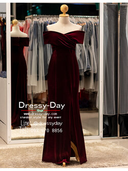 รหัส ชุดราตรียาว : PFL117 ชุดไปงานแต่ง แบบมีแขน เปิดไหล่ ชุดไปงานแต่งงานกลางคืน ผ้ากำมะหยี่ เรียบ หรู ดูแพง พร้อมส่ง