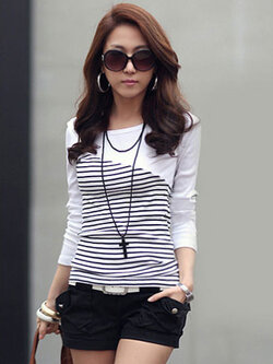 เสื้อแฟชั่นคอกลมแขนยาวต่อผ้าลายริ้ว เบสิคสไตล์ รหัส 1678-สีขาว