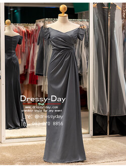 รหัส ชุดราตรียาว : PFL143 ชุดไปงานแต่งงาน มีแขน เปิดไหล่ ชุดราตรีพร้อมส่ง สวย เรียบ หรู ดูแพง พรางสะโพกไม่อ้วน