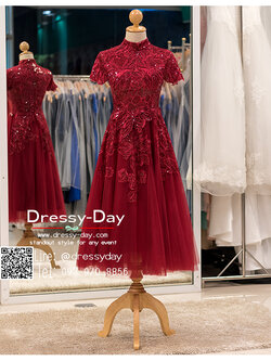 รหัส ชุดราตรี :PFS067 ชุดราตรีสั้น หรู มีแขน ใส่ยกน้ำชา งานหมั้น สวย หวาน หรู ในลุคคุณหนูไฮโซ