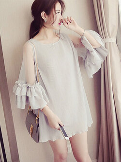 ชุดเดรสแฟชั่นอัดพลีท แต่งแขนผ้าระบายชาย 3 ชั้นสวยน่ารักสไตล์เกาหลี-1588-สีเทา