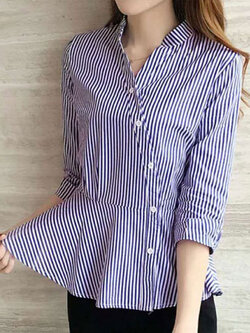 เสื้อเชื๊ตคอจีนแฟชั่นลายตรงกระดุมเฉียงชายเสื้อระบาย รหัส 1843-สีน้ำเงิน