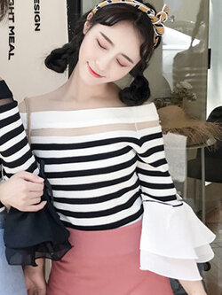 เสื้อแฟชั่นลายริ้วคอปาดแขนแต่งชีฟองระบายติดโบว์น่ารักสไตล์เกาหลี รหัส 1668-ขาวลายริ้ว