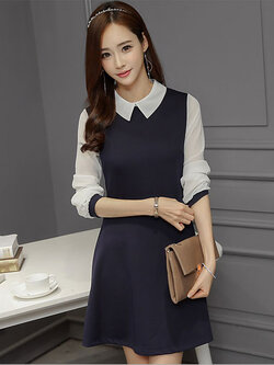 ชุดเดรสแฟชั่นสีกรมท่าแต่งคอและแขนยาวสีขาวใส่ทำงานหรือไปงานได้สวยเรียบร้อย รหัส 1982