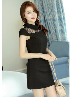 ชุดเดรสแฟชั่นคอปกแต่งผ้าตาขายสวยหรู มี 2 ไซส์ M,L รหัส 1229