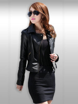 เสื้อคลุมหนังแขนยาวสีดำคอปกซิปหน้า รหัส1992