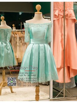 รหัส ชุดราตรีสั้น :PF001 ชุดแซก ชุดราตรีสั้นสีชมพูโอรส ผ้าซาตินประดับลูกไม้เรียบๆ โชว์ไหล่ แบบหรูและดูดี เหมาะใส่ออกงานแต่งงาน งานกลางวัน กลางคืน กาล่าดินเนอร์