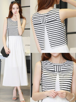 ชุดเดรสแฟชั่น แขนกุดผ้าชีฟอง ครอปเสื้อลายริ้วขาวดำแขนกุดชั้นนอก