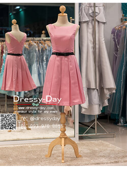 รหัส ชุดราตรีสั้น :PF036 ชุดไปงานแต่งสีชมพู เดรสออกงานคาดโบว์ช่วงเอวน่ารัก ชุดไปงานแต่งงาน ชุดแซก เหมาะสำหรับงานแต่งงาน งานกลางคืน กาล่าดินเนอร์