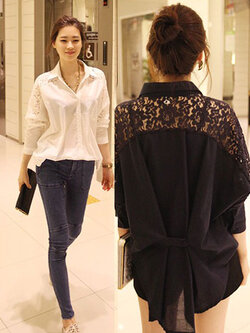 เสื้อแฟชั่นคอปกแขนยาวแต่งช่วงไหล่ผ้าลูกไม้แบบสวยหวานมี 2สี ขาว/ดำ รหัส 1735