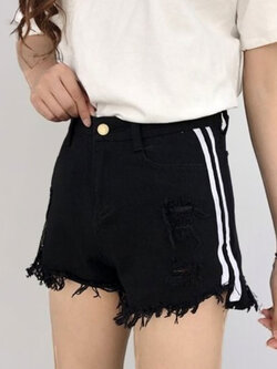 กางเกงยีนส์แฟชั่นผสมผ้าลูกฟูกแต่งขาดๆ ขาสั้นสีดำ รหัส 1609-3 size S/M/L