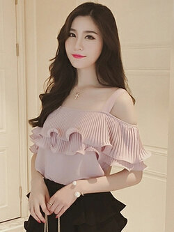 เสื้อแฟชั่น สายเดี่ยวแต่งอกระบายสวยหวานสไตล์เกาหลี รหัส 1580-สีชมพู