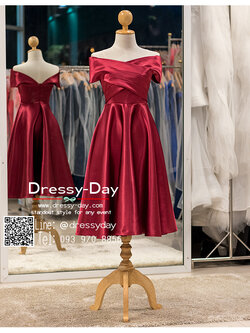 รหัส ชุดราตรี :PFS070 ชุดราตรีสั้น มีแขน ไหล่ปาดสีแดง/แดงเบอร์กันดี้ Burgundy สวยเซ็กซี่ สง่า ใส่เป็นชุดไปงานแต่งงาน งานกาล่าดินเนอร์ งานเลี้ยง งานพรอม งานรับกระบี่