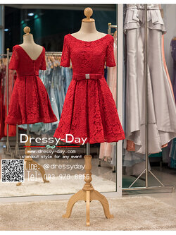 รหัส ชุดราตรีสั้น : PFS010 ชุดราตรีสีเเดงสั้นตกแต่งลูกไม้ผรั่งเศษ มีแขนแบบเรียบหรู ชุดไปงานแต่งประดับโบว์ช่วงเอวและเพชร เหมาะสำหรับใส่เป็นชุดงานแต่งงานงาน งานกลางคืน กาล่าดินเนอร์