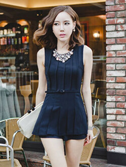 ชุดจั้มพ์สูทขาสั้น แขนกุด แบบสวยหวานสไตล์เกาหลี รหัส 1153-สีกรมท่า