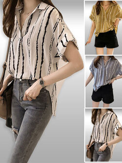 เสื้อเชิ๊ตแฟชั่นคอวีแขนสั้นใส่เที่ยวเก๋ๆมี3สี รหัส 2032