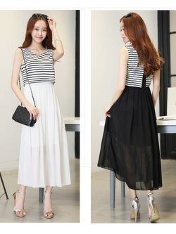 ชุดเดรสแฟชั่นชีฟองแต่งเสื้อครอปลายริ้วแขนกุดชั้นนอกสวยหวานสไตล์เกาหลี-2 สี ดำ/ ขาว รหัส 1295