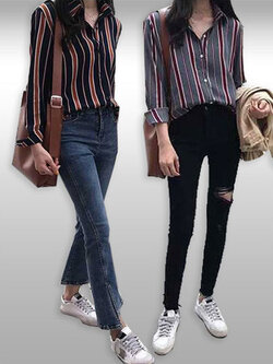 เสื้อเชิ๊ตแฟชั่นแต่งลายริ้วสุดเก๋ มี2สี รหัส2203