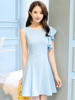 ชุดเดรสแฟชั่นแขนสั้น แต่งแขนสั้นระบายแบบสวยหรูดูดีสไตล์เกาหลีจ้า รหัส 1857-สีฟ้า