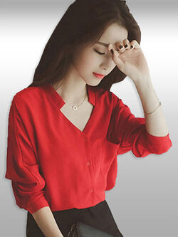 เสื้อแฟชั่นสีแดงคอวีแขนยาวสไตล์เรียบหรู รหัส1684