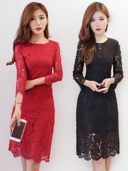 ชุดเดรสแฟชั่นแขนยาวแต่งลูกไม้แบบสวยหรู2002