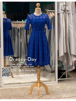 รหัส ชุดราตรีสั้น :PK002 ชุดแซก ชุดราตรี สีน้ำเงิน ลูกไม้ มีแขนเรียบหรูเหมาะใส่ออกงานกลางคืน งานคอกเทล