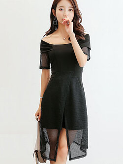 ชุดเดรสแฟชั่น เปิดไหล่ ต่อแขนและกระโปรงผ้าตาข่ายผ่าหน้าและสวยหวานสไตล์เกาหลี รหัส 1700-สีดำ