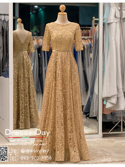 รหัส ชุดราตรี : PFL047A ชุดราตรียาว มีแขน เสีทอง ใส่ออกงานบายเนียร์ งานพรอม ไปงานแต่งงานกลางคืน