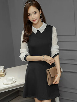ชุดเดรสแฟชั่นสีดำแต่งคอและแขนยาวสีขาวใส่ทำงานหรือไปงานได้สวยเรียบร้อย รหัส 1981