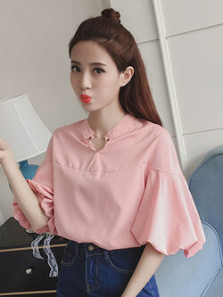 เสื้อแฟชั่นคอวี แขนดีไซน์พองๆ ใส่ห่วงคอเสื้อสุดเก๋ รหัส 1595-สีชมพู