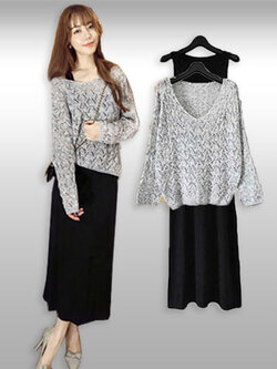 ชุดเดรสเซทสีดำมาพร้อมเสื้อสเวทเตอร์สีเทา ใส่สวยน่ารักสไตล์เกาหลี รหัส 1245