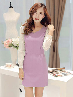 ชุดเดรสแฟชั่นสีม่วงแขนซีทรู ใส่ทำงานหรือออกงาน สไตล์สวยหวาน รหัส 1790