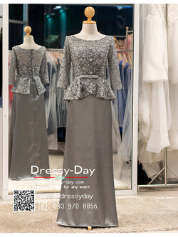 รหัส ชุดเจ้าภาพ : PFL081 ชุดราตรียาวมีแขนตกแต่งด้วยลูกไม้งานสวย ชุดไปงานแต่งสีเทา เรียบหรู เหมาะสำหรับงานแต่งงาน งานกลางคืน กาล่าดินเนอร์ ชุดออกงาน ชุดไทยประยุกต์