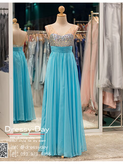 รหัส ชุดราตรี : BB028 ชุดราตรียาวผ้าชีฟองหรู ชุดไปงานแต่งกลางคืน แขนกุด สีฟ้า