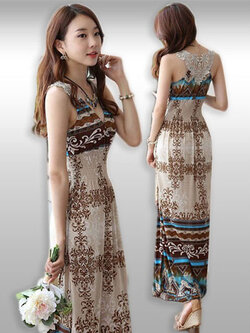 ชุดเดรสแฟชั่นแขนกุดคอวีโทนสีน้ำตาล สไตล์โบฮีเมี่ยน รหัส 1801